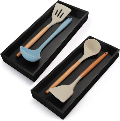 Bamboo Kitchen Drawer Organizer - Set of 2, Stackable Utensil Organizers, Wooden Storage Box Tray