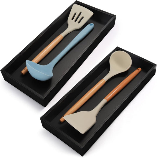 Bamboo Kitchen Drawer Organizer - Set of 2, Stackable Utensil Organizers, Wooden Storage Box Tray