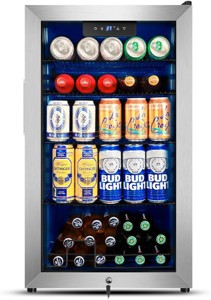 Tylza 130 Can Beverage Refrigerator Cooler, 3.22 Cu.Ft Beverage Cooler with Low-E Glass Door