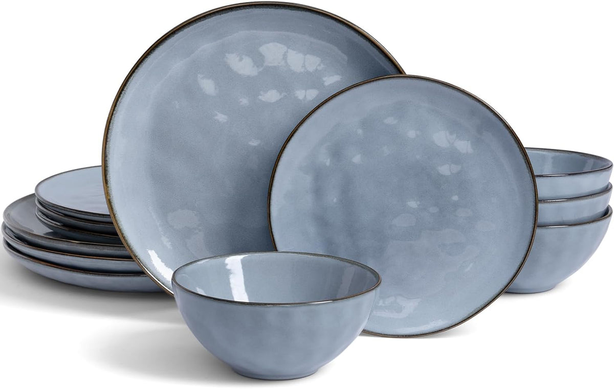 Famiware Dinnerware Sets for 4, Ocean Round 12-Piece Kitchen Plates and Bowls Sets, Reactive Glaze