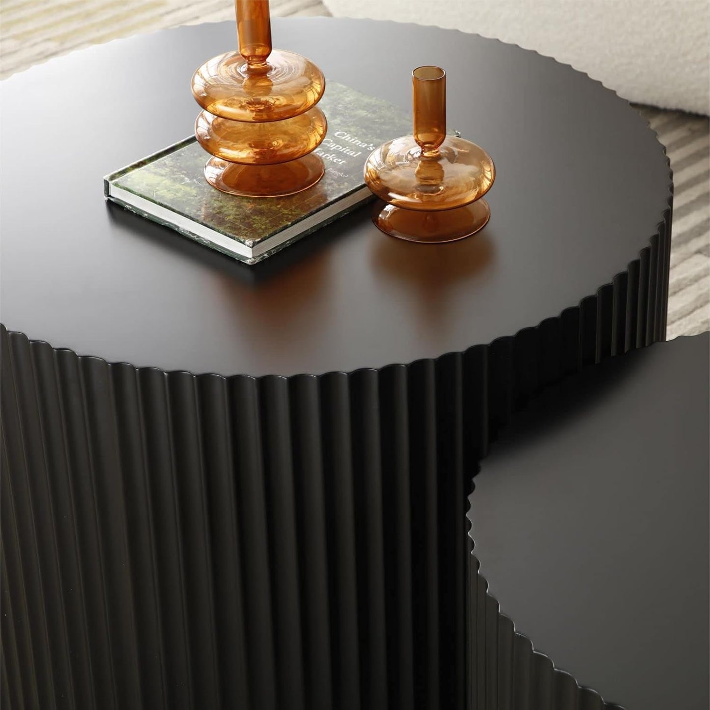 Round Nesting Coffee Table Black Round Fluted Coffee Table Set of 2 for Living Room Small Circle