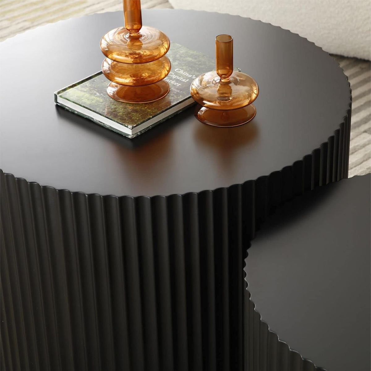 Round Nesting Coffee Table Black Round Fluted Coffee Table Set of 2 for Living Room Small Circle
