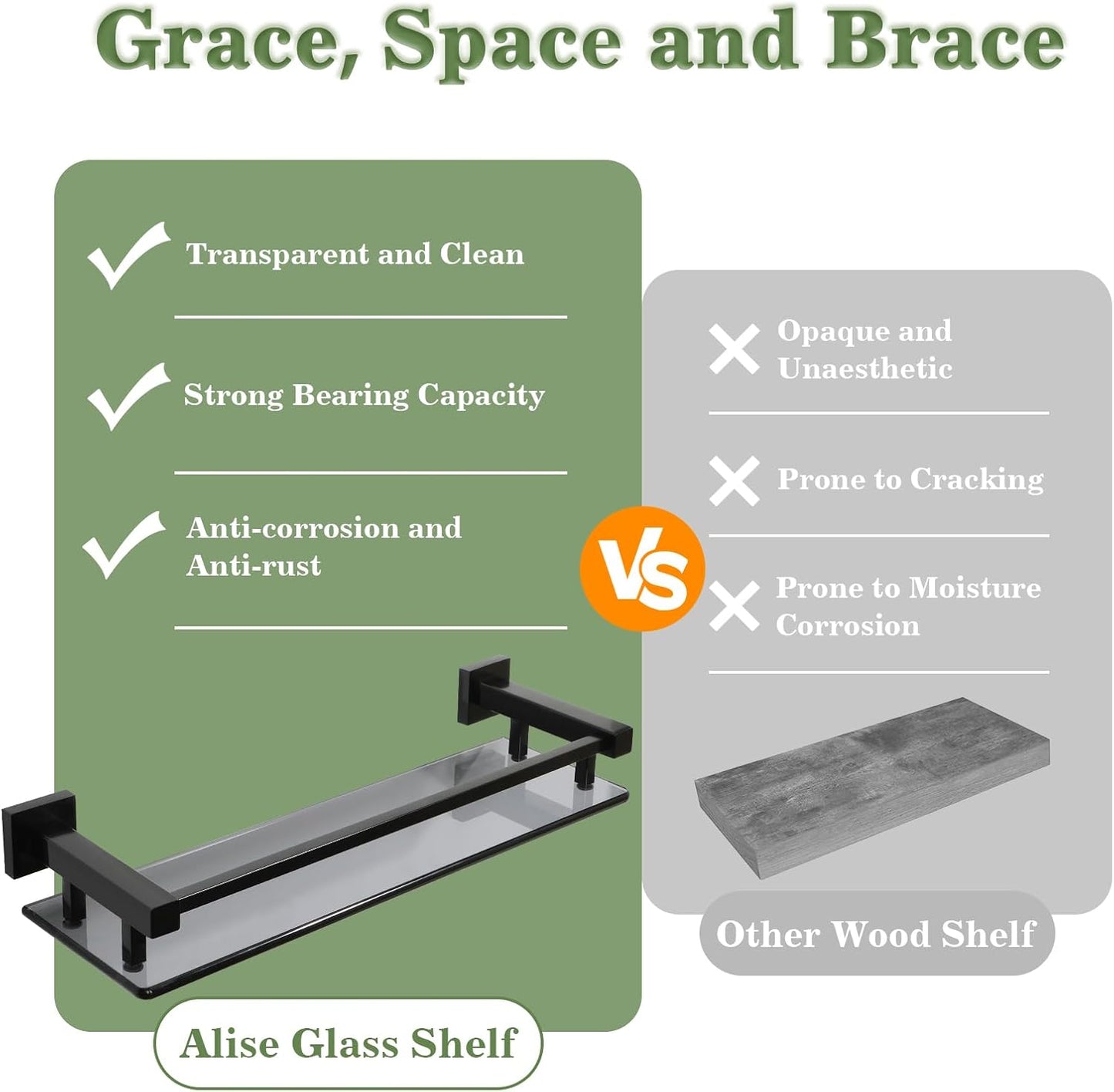 Alise Bathroom Glass Shelf with Stainless Steel Railing, Matte Black Small Tempered Glass Floating