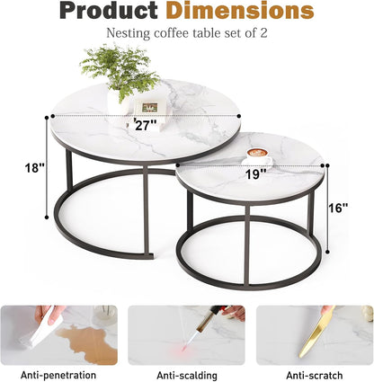 ZL ZELing White Nesting Coffee Table Set of 2, 27'' Round Coffee Table Sintered Stone Top & Metal