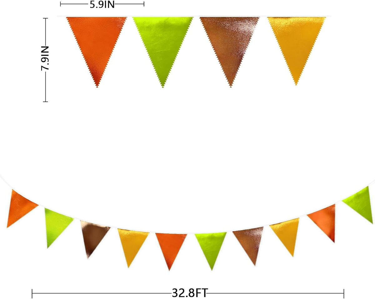 Fall Party Decorations Orange Green Gold Brown Metallic Fabric Triangle Pennant Flag Bunting Banner