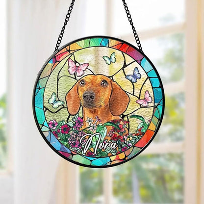 Personalized Stained Glass Window Hanging with Pet Name, Custom Memorial Gift for Dog Lovers