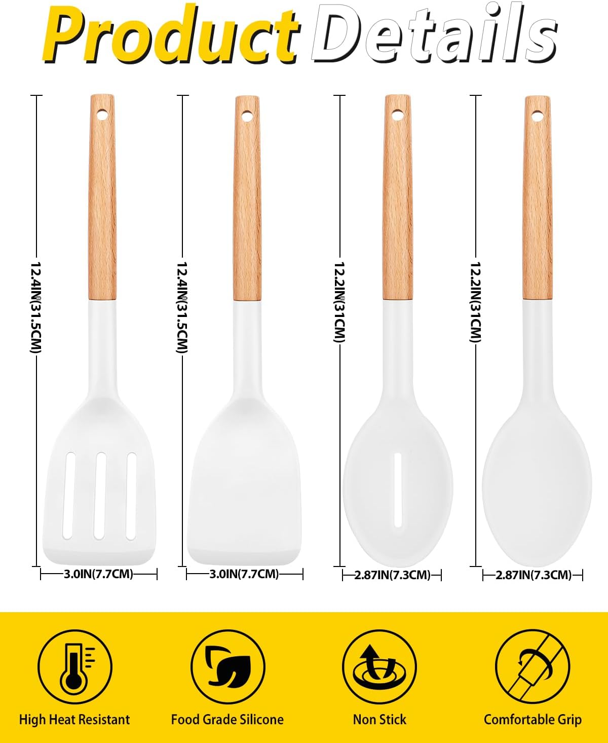 Pack of 4 Silicone Cooking Utensils Set, Non Stick Solid Spatulas and Heat Resistant Slotted Spoons