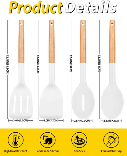 Pack of 4 Silicone Cooking Utensils Set, Non Stick Solid Spatulas and Heat Resistant Slotted Spoons