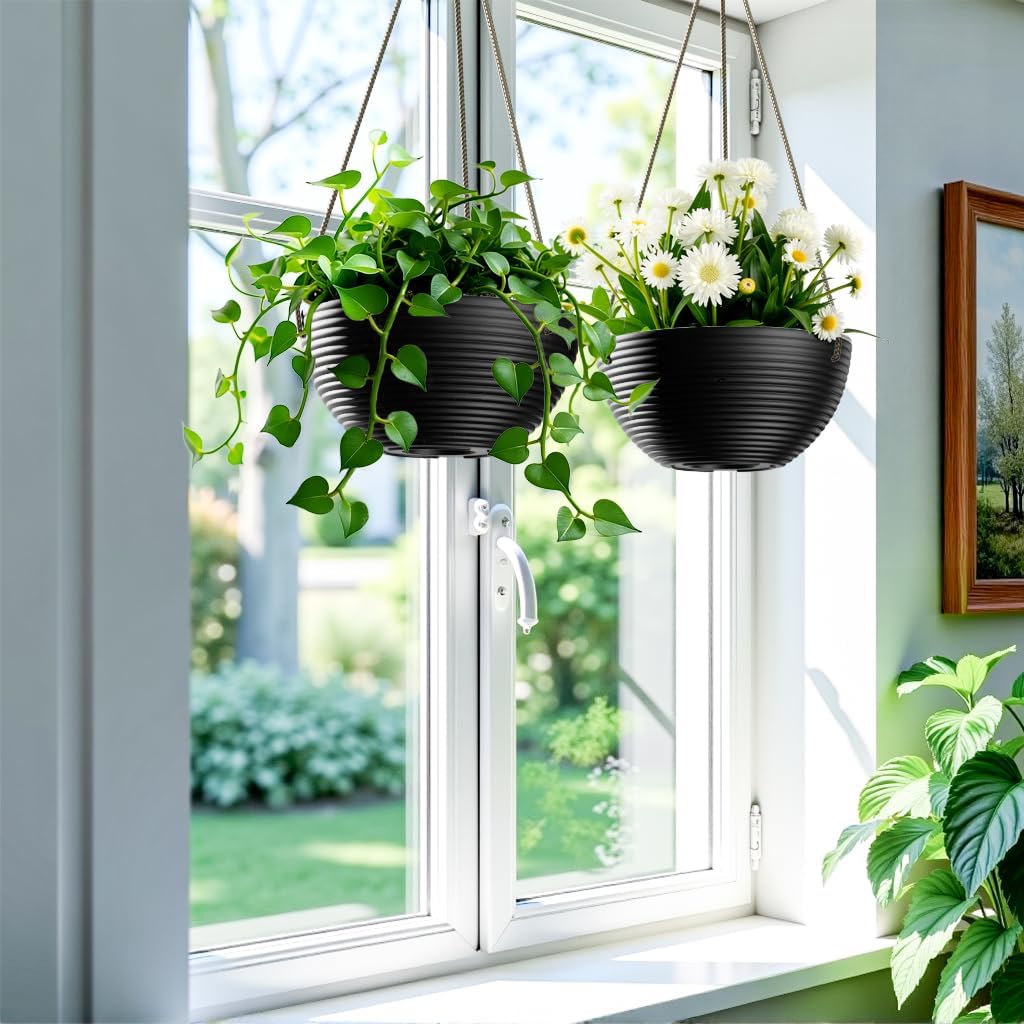 Line Pattern 10 Inch Hanging Planter for Indoor Outdoor Plants, 2 Pack Round Hanging Pots for