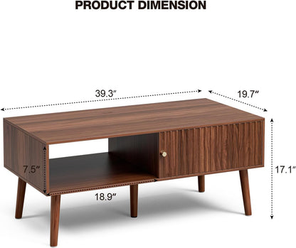 Coffee Table with Storage, Mid Century Dining Table with Sliding Fluted Door and Solid Wood Legs