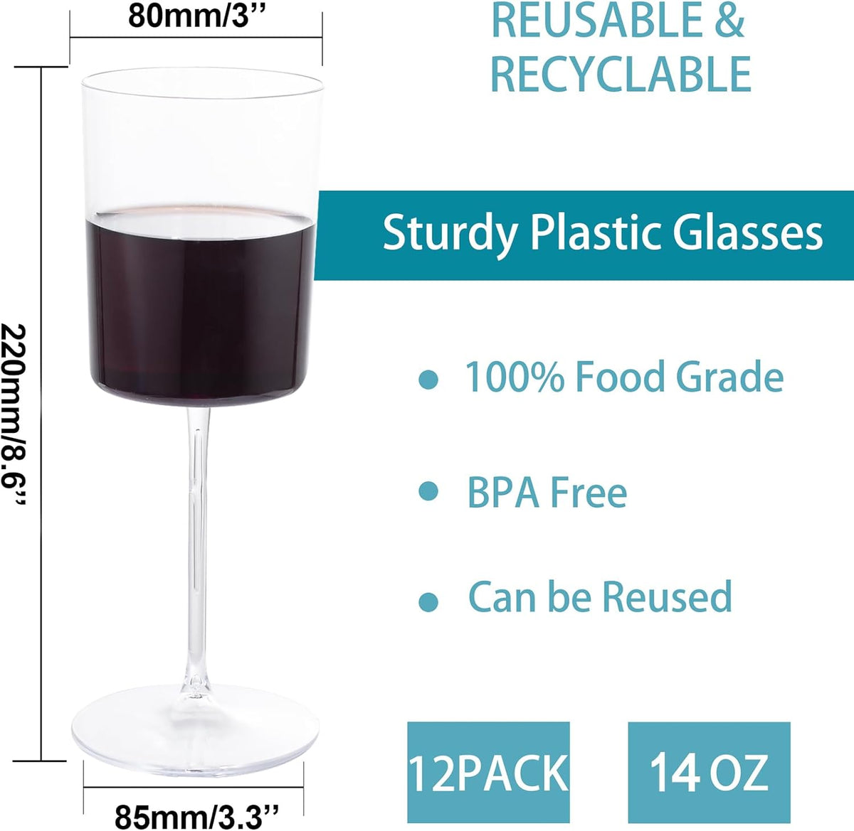 Ciaell 12 Pack Clear Plastic Wine Glasses - 14Oz Plastic Wine Glasses with Stem - Disposable