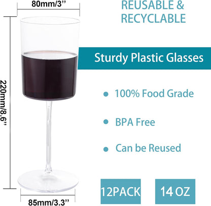Ciaell 12 Pack Clear Plastic Wine Glasses - 14Oz Plastic Wine Glasses with Stem - Disposable
