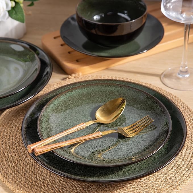 LeRatio Ceramic Dinnerware Sets for 6,Plates and Bowls Sets,Handmade Reactive Glaze Dishes Set,Chip