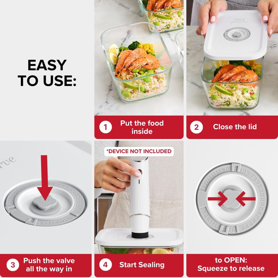 Chef Preserve Glass Vacuum Seal Containers for Food Storage, Made For Compact Vacuum Sealer, 3pcs