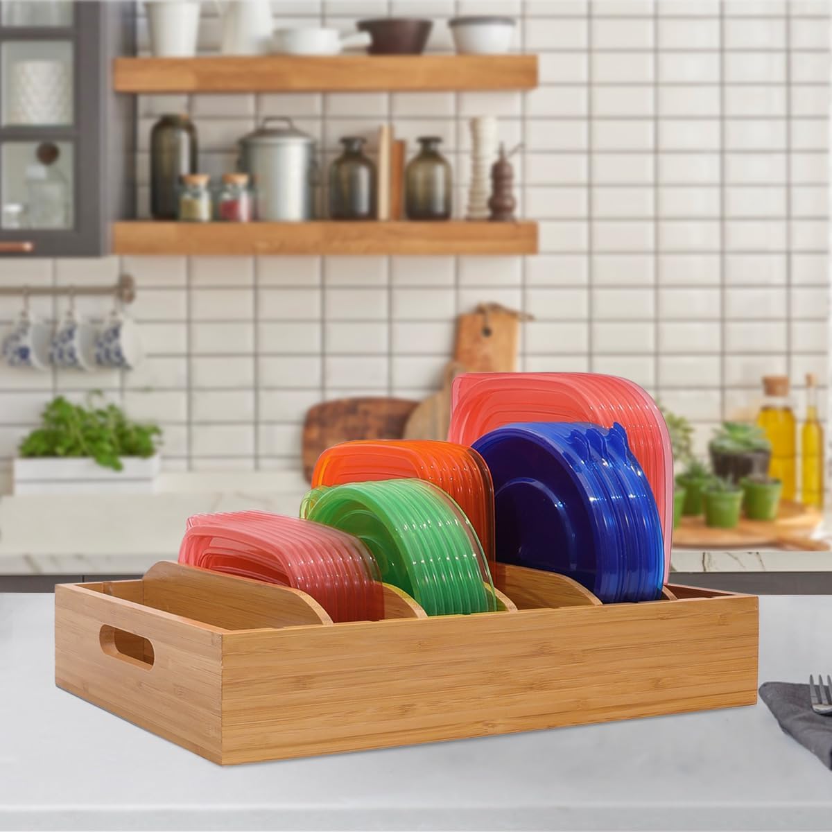 2 Pack Bamboo Lid Holder Food Container, Kitchen Organizer with 5 Adjustable Dividers, Cabinet
