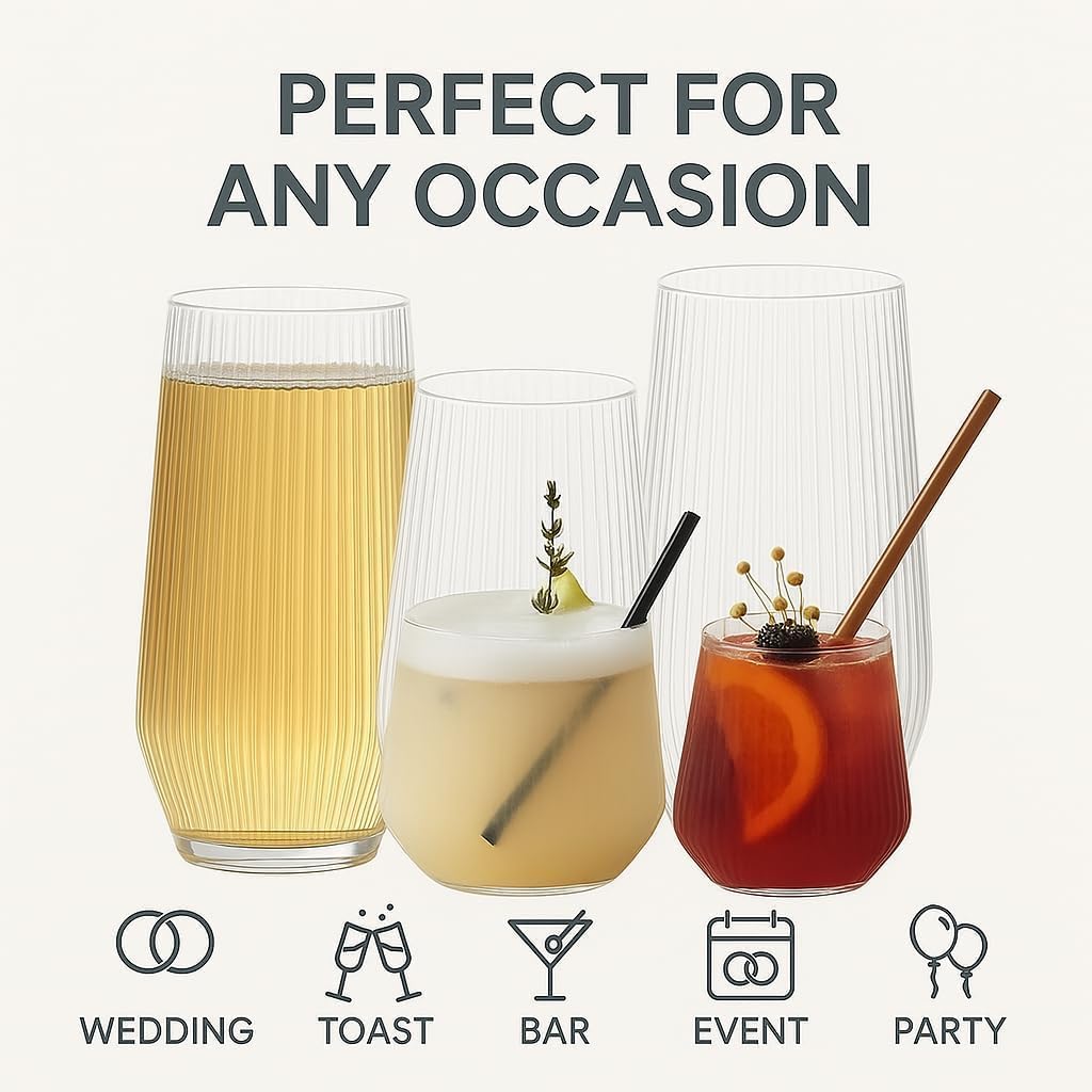 24 Pack Ribbed Origami Ripple Plastic Glasses, 12-9 Ounce Stemless Champagne Flutes & 12-12 Ounce