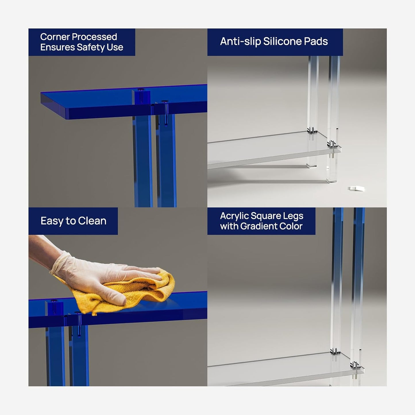 HMYHUM Narrow Acrylic Console Table, with Transparent Gradient Blue Square Legs, 7.6" Width, 2-Tier