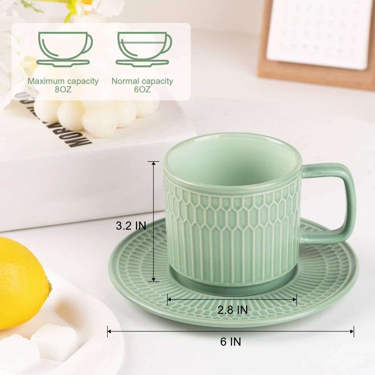 Large Cappuccino Cups with Saucers Set of 4, 8 Ounce Stackable Embossed Ceramic Coffee Mugs for