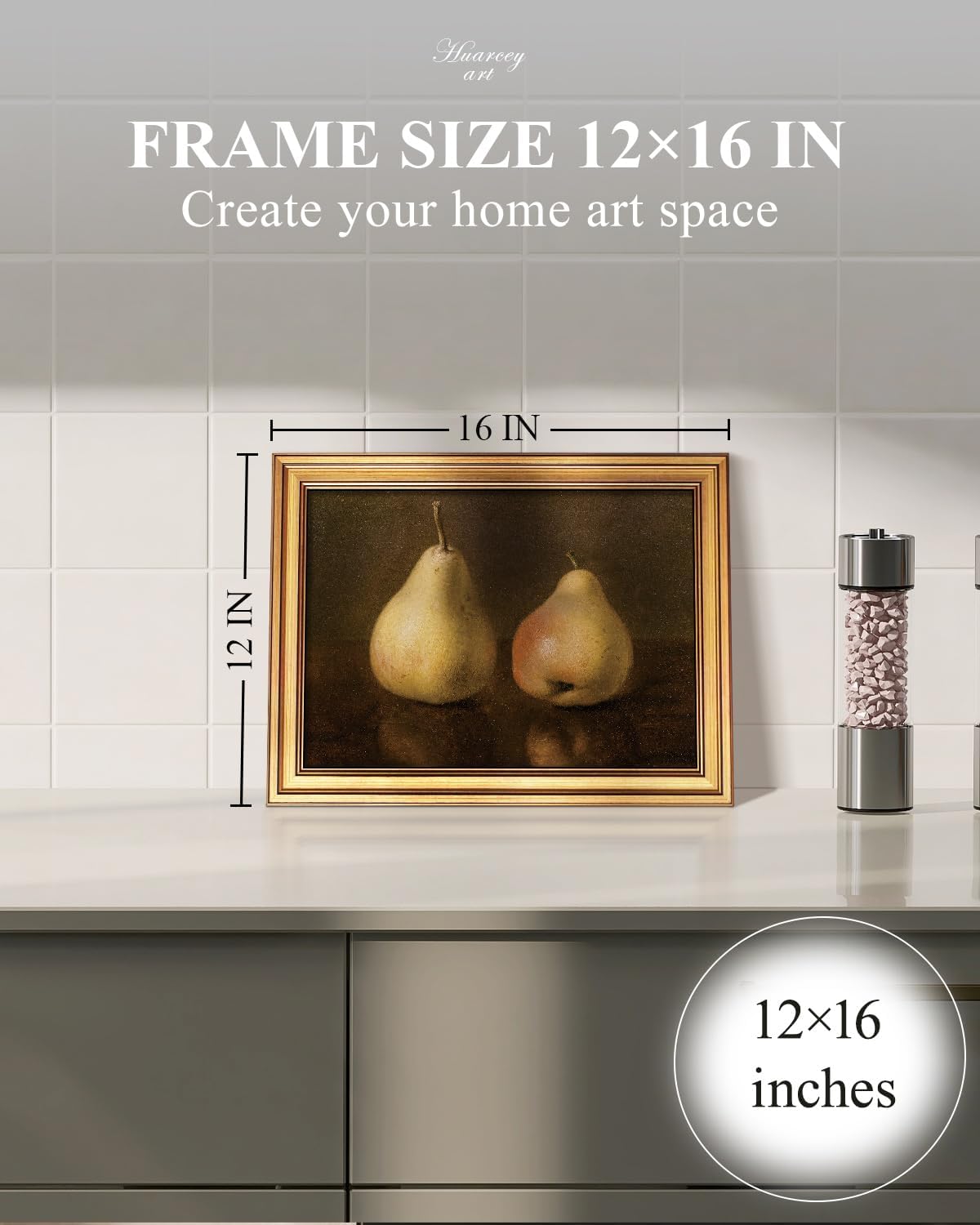 HUARCEY Gold Framed Vintage Wall Art for Living Room, Pear Fruits Painting Prints Shelf Decor for