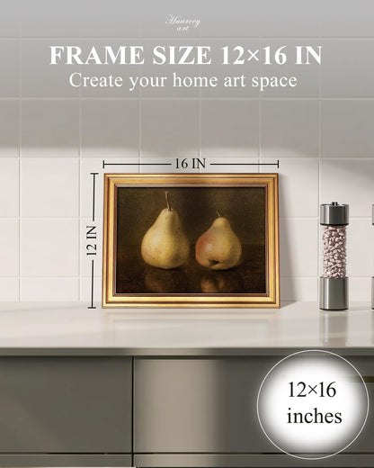 HUARCEY Gold Framed Vintage Wall Art for Living Room, Pear Fruits Painting Prints Shelf Decor for
