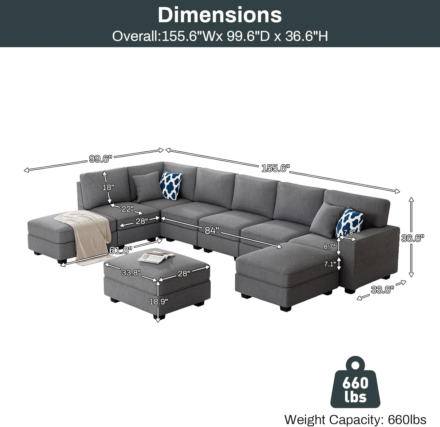 L Lengend Vansen Modular Sectional Sofa U Shaped Couch with Ottoman Modern Reversible Corner