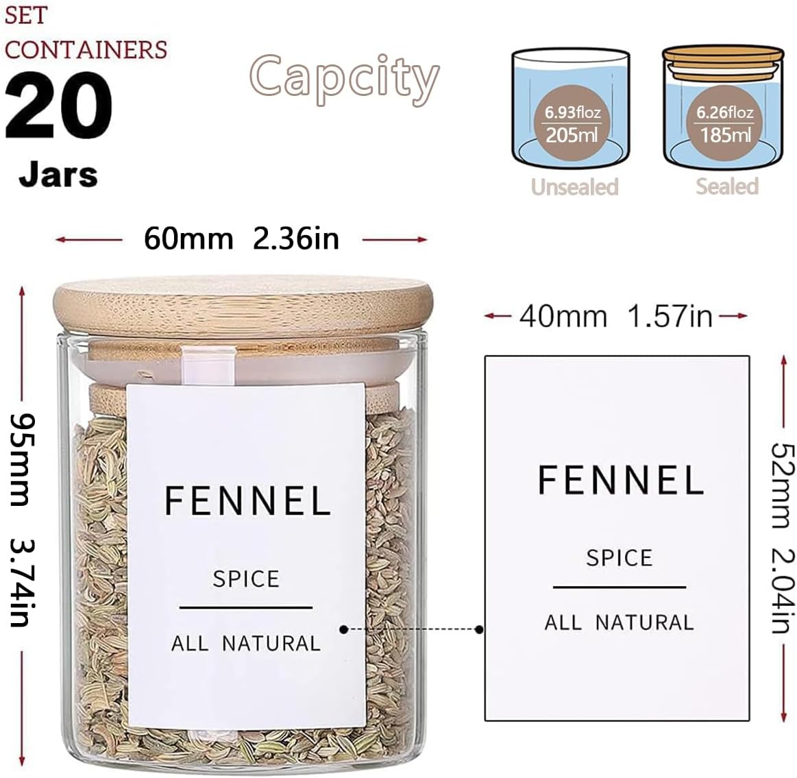 Glass Spice Jars with Bamboo Lids - 20 Pcs Thicken(2.4mm) 6oz Airtight Seasoning Containers with