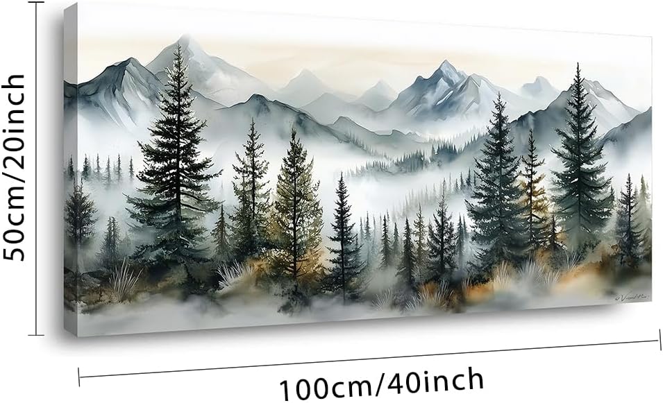 LASMOND Watercolor Forest Wall Art for Living Room Modern Mountain Canvas Painting Prints Foggy