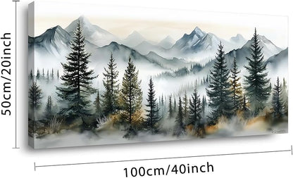 LASMOND Watercolor Forest Wall Art for Living Room Modern Mountain Canvas Painting Prints Foggy
