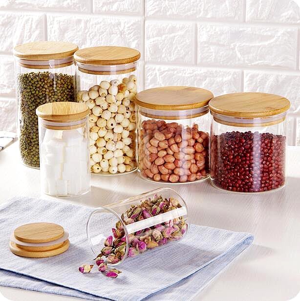 15oz Glass Food Storage Jars, Glass Jars with Bamboo Lids, Kitchen Storage Jars, Set of 6