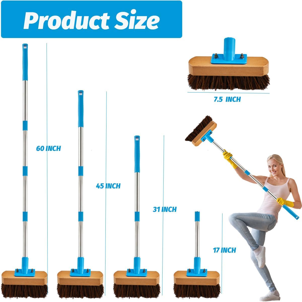 Heavy Duty Deck Brush with Long Handle - 60" Floor Scrub Brush with Stiff Natural Palmyra Bristles
