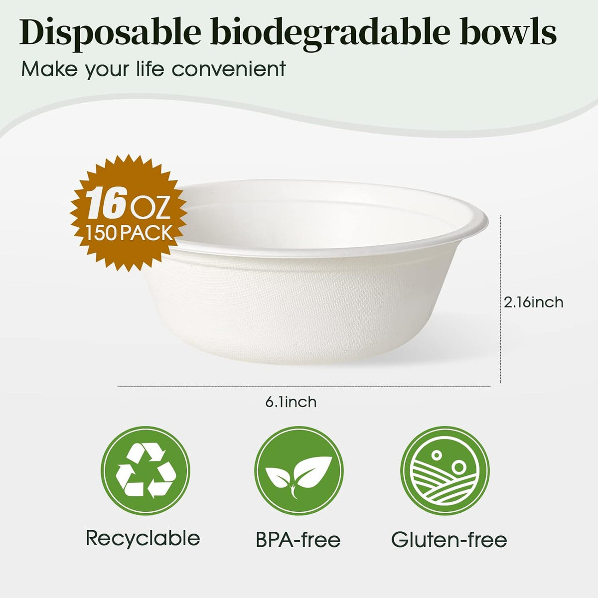 ECOLipak 16 oz Paper Bowls, [150-Pack] Compostable Paper Bowls Bulk, Heavy-duty Disposable Bowls