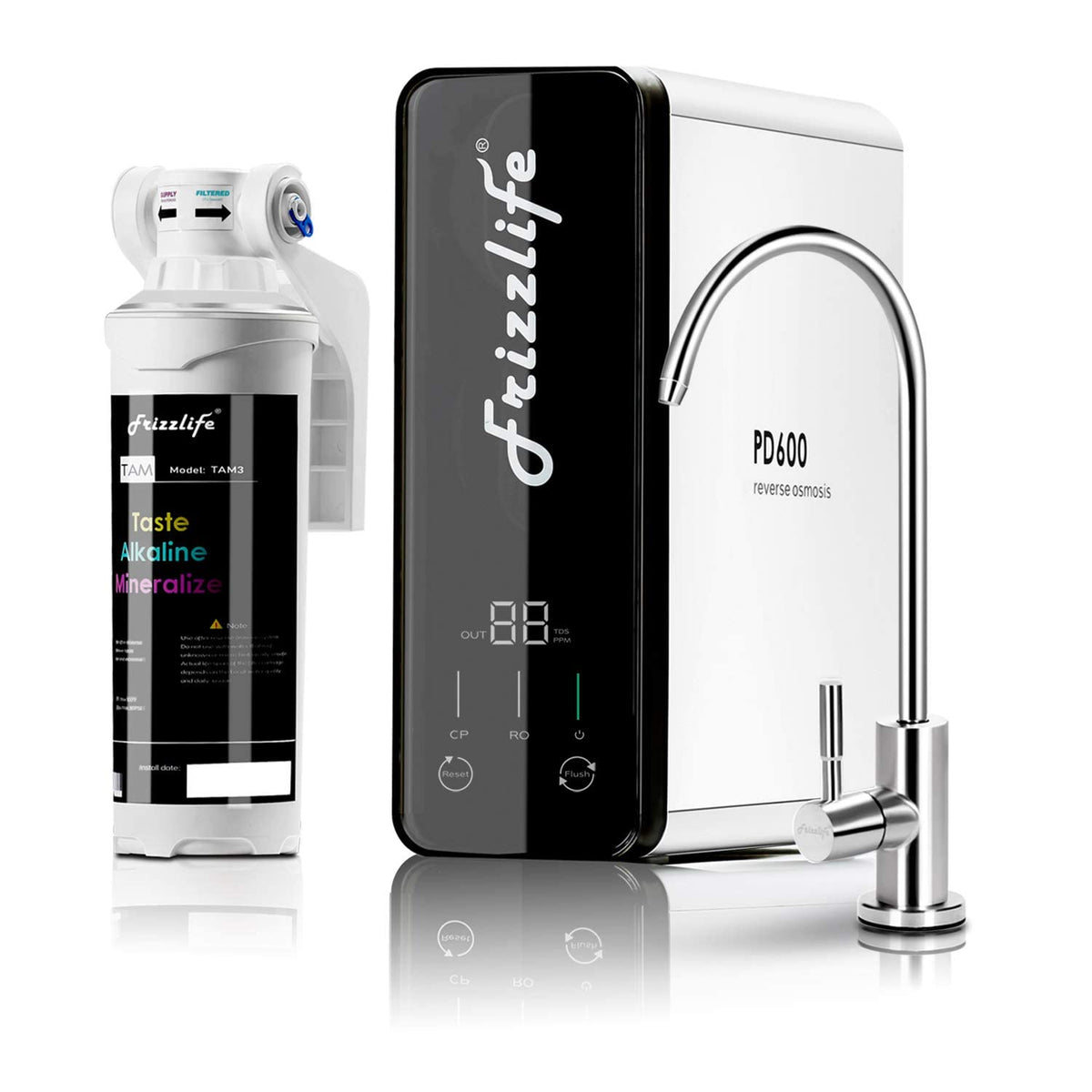 Frizzlife Reverse Osmosis Water Filter - Alkaline Mineral pH+, 600 GPD High Flow, Tankless RO