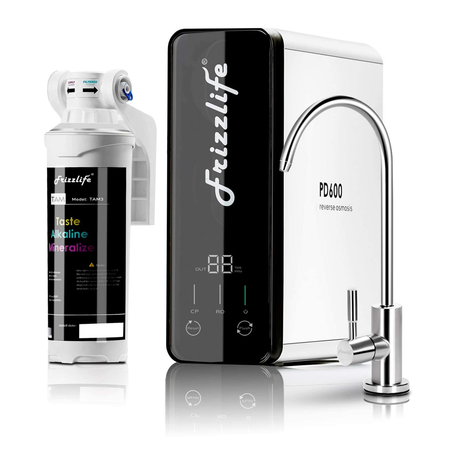 Frizzlife Reverse Osmosis Water Filter - Alkaline Mineral pH+, 600 GPD High Flow, Tankless RO