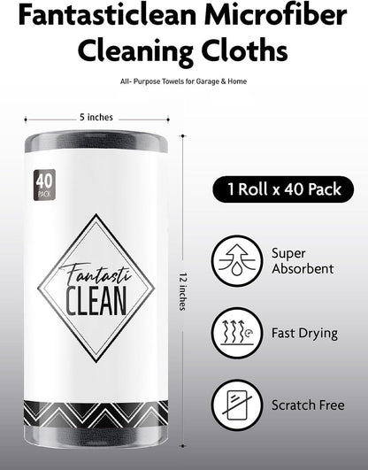 Fantasticlean Microfiber Cleaning Cloth Roll -40 Pack, Tear Away Microfiber Towels, 12" x 12"