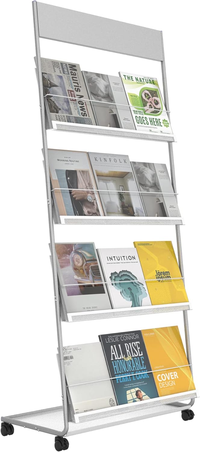 TONGMO Floor-Standing Magazine Rack 4-Layer with Wheels, Brochure Display Stand, High-hardness