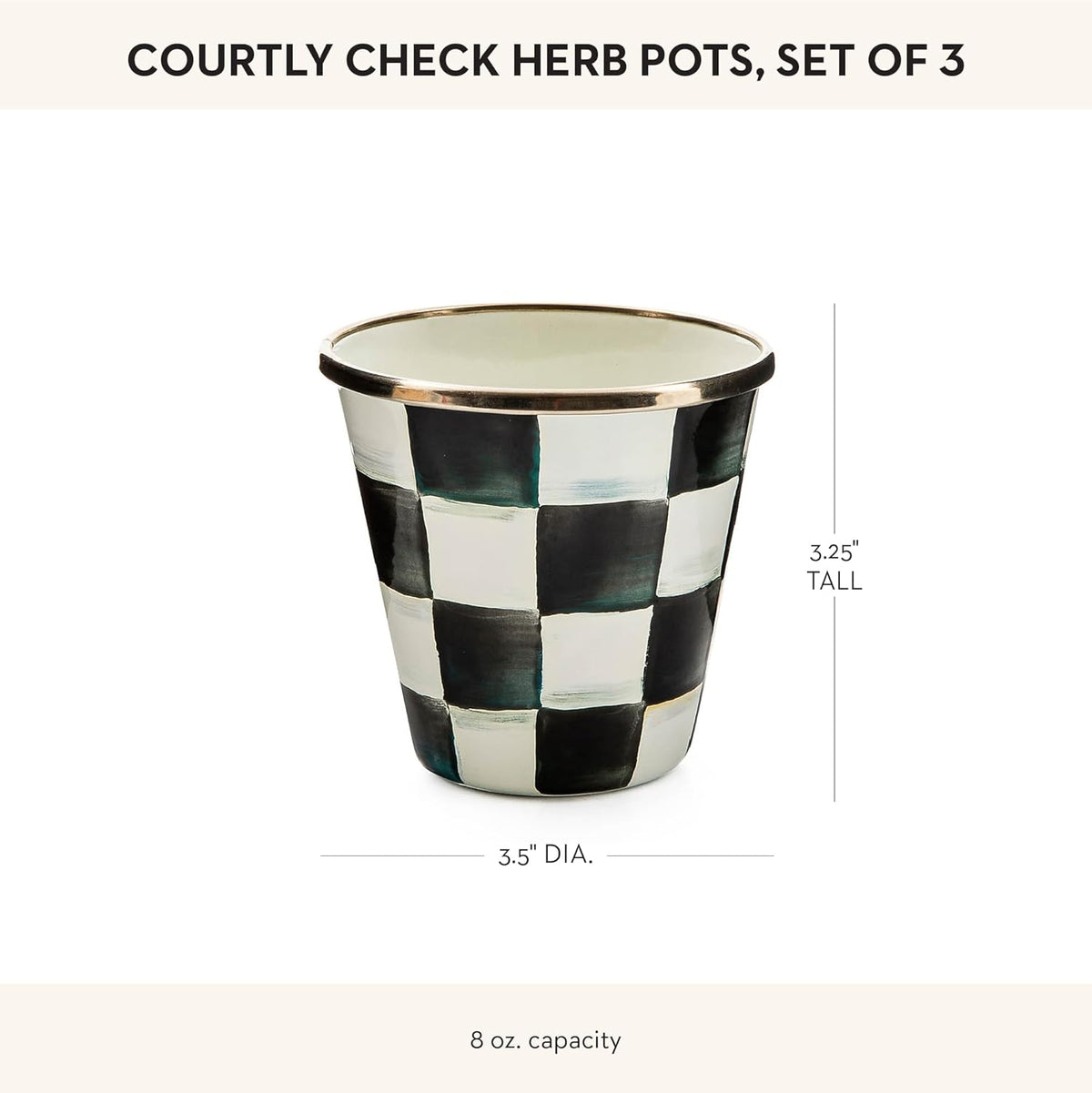 MACKENZIE-CHILDS Enamel Herb Pots, Small Plant Pots for Herbs or Flowers, Set of 3, Black-and-White