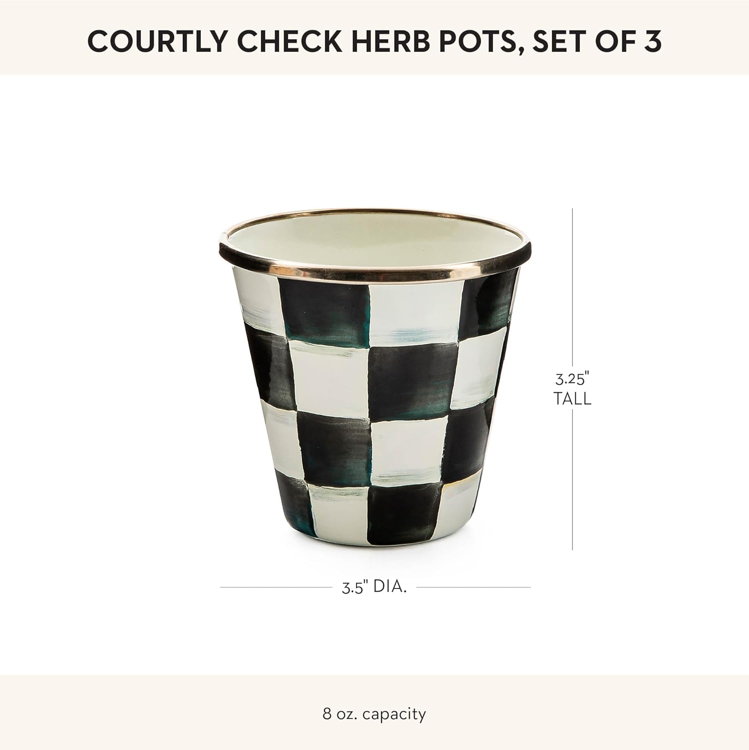 MACKENZIE-CHILDS Enamel Herb Pots, Small Plant Pots for Herbs or Flowers, Set of 3, Black-and-White