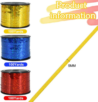 BEISHIDA 3 Pack 100 Yards Red Blue Gold Curling Crimped Glitter Ribbon Balloon String Shiny
