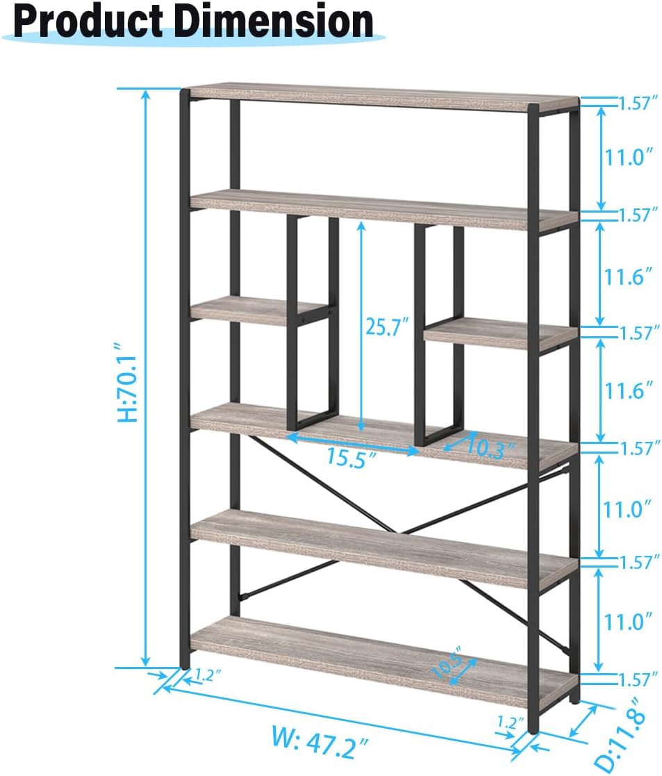 LVB Industrial 6 Tier Bookshelf, Large Tall Open Rustic Vintage Etagere Bookcase, Gray Big Wide