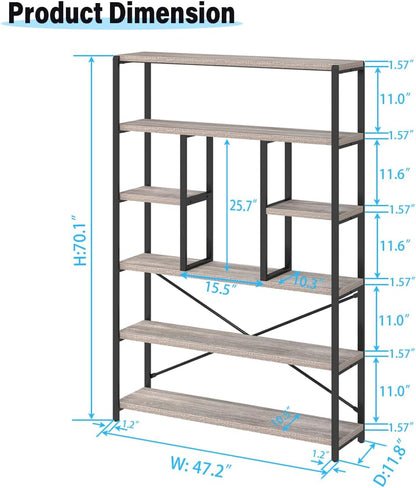 LVB Industrial 6 Tier Bookshelf, Large Tall Open Rustic Vintage Etagere Bookcase, Gray Big Wide