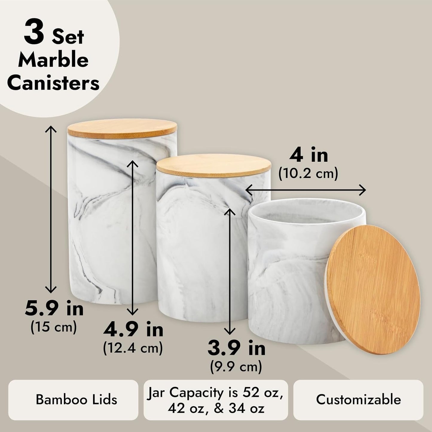 Farmlyn Creek Sugar & Coffee Container Set 3-Piece - White Marble Finish Ceramic Jar Set - Airtight