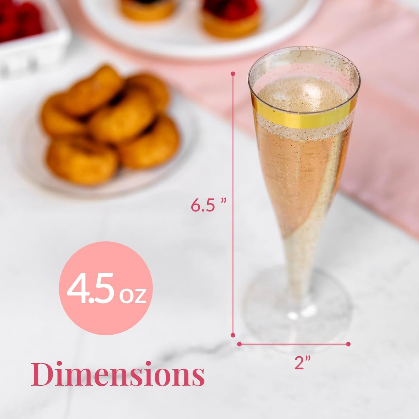 Prestee 48 Disposable Plastic Champagne Flutes with Gold Rim Glitter - Clear Toasting Glasses for