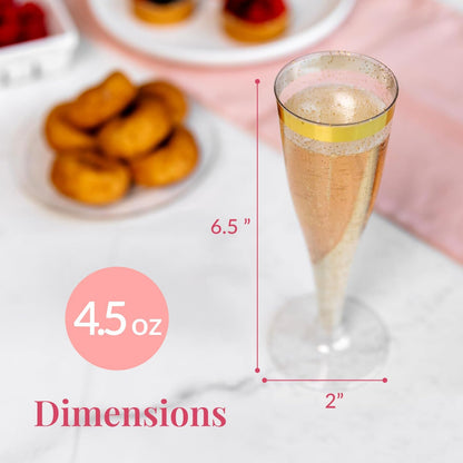 Prestee 48 Disposable Plastic Champagne Flutes with Gold Rim Glitter - Clear Toasting Glasses for