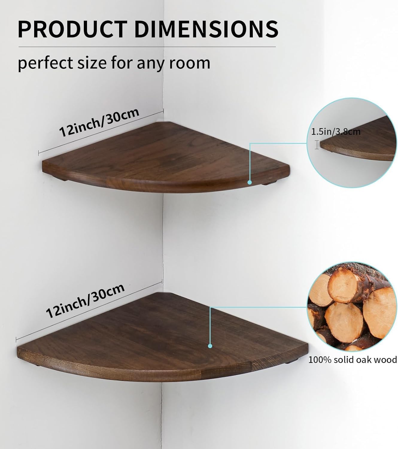 Corner Shelves, Floating Corner Shelf, Set of 2 12inch Solid Oak Wood Corner Wall Shelves, Round