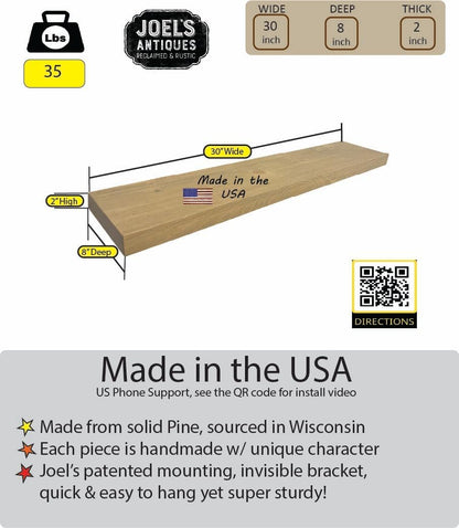 joelsantiques 30 Inch Wooden Floating Shelves for Wall - 30x8x2 in - Made of Natural Wood - Heavy