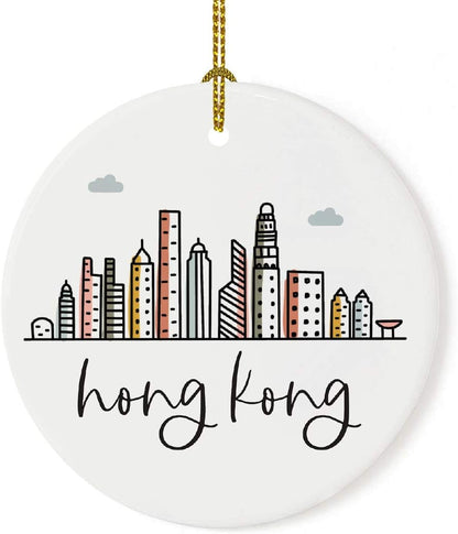 Andaz Press Round Ceramic Porcelain Christmas Tree Ornament Keepsake Gift, Hong Kong, Colorful