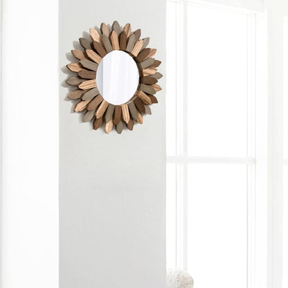 Honiway Boho Wall Decor Mirror 2 Pack 12 inch Rustic Wood Decorative Mirror for Room Decor Rustic