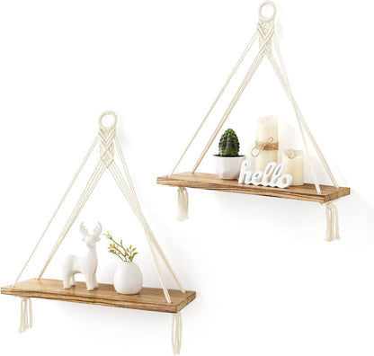 Mkono Macrame Hanging Shelves Boho Wall Decor Set of 2 Rustic Wood Floating Storage Shelf for
