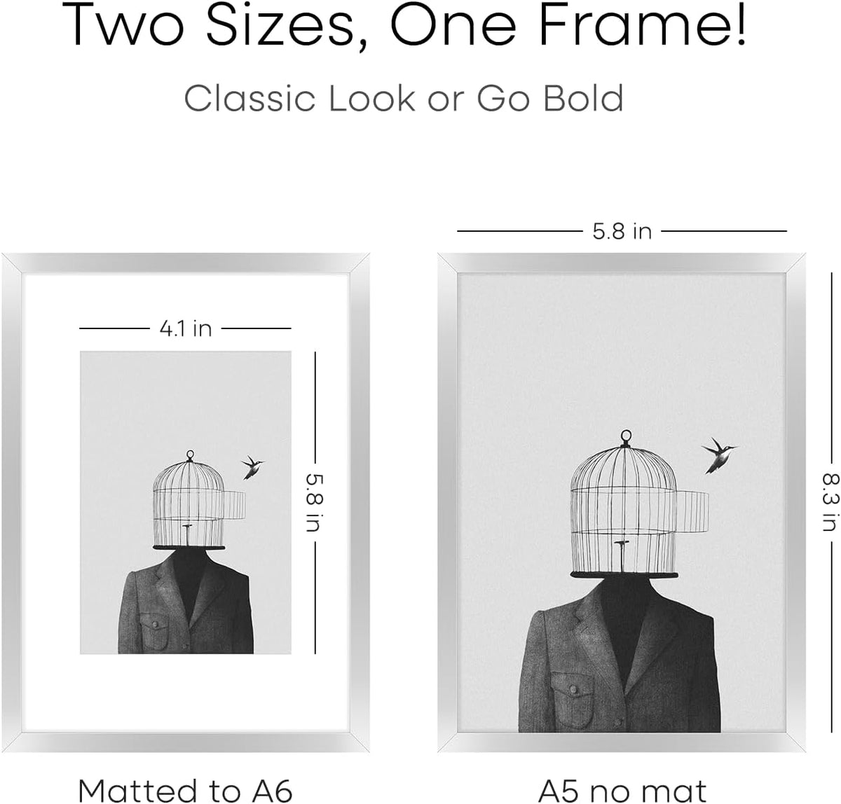 Homeforia A5 Picture Frame Silver, High End Metal 5.8 x 8.3 Frame Matted to 4.1 x 5.8 Art, A5 Frame