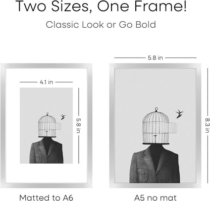 Homeforia A5 Picture Frame Silver, High End Metal 5.8 x 8.3 Frame Matted to 4.1 x 5.8 Art, A5 Frame